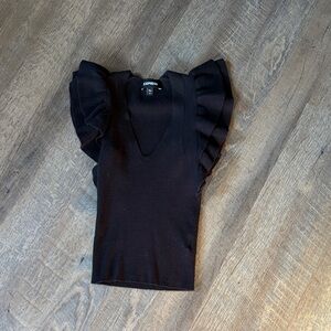 Express Black V-Neck Blouse with Ruffled Sleeves - XS